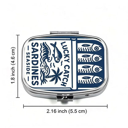Lucky Catch Sardines Metal Pill Box - Portable 2-Compartment Travel Organizer for Pills & Vitamins