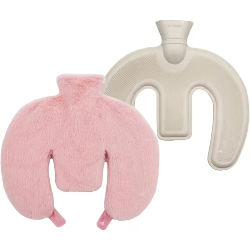 U-Shaped Hot Water Bottle Neck Wrap - Reusable Plush Heating Bag with Hand Pockets for Winter Warmth and Comfort