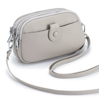 Real Leather Women’s Shoulder Bag - Mini Crossbody Purse with Three Zipper Pockets