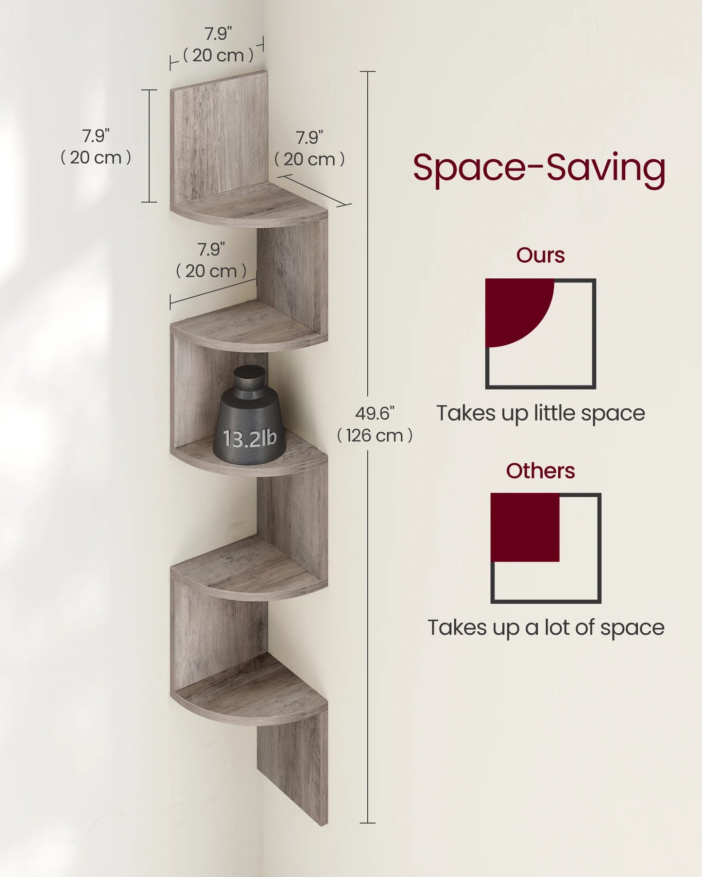 VASAGLE 5-Tier Corner Wall Shelf – Floating Bookshelf & Plant Display for Bedroom, Living Room, Bathroom, Home Office