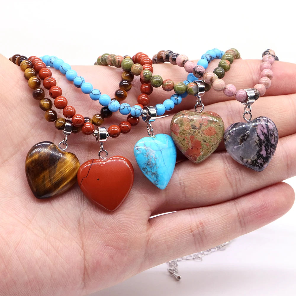 Heart-Shaped Gemstone Bead Chain Necklace - Lapis Lazuli and Amethyst Healing Crystal Pendant for Women and Girls