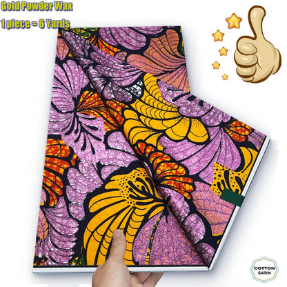 Soft Glitter Golden Wax Fabric - 100% Cotton Ankara Flash Gold Print Batik African Fabric for Nigerian Fashion Sewing & Crafting
