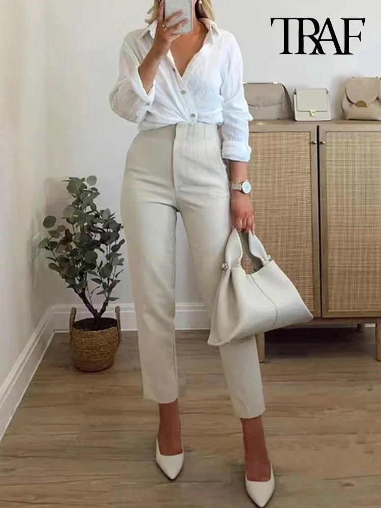 TRAF Women's Fashion Pants with Pockets: Casual Solid Ankle Trousers, Vintage High Waist Zipper Fly - Pantalones Mujer
