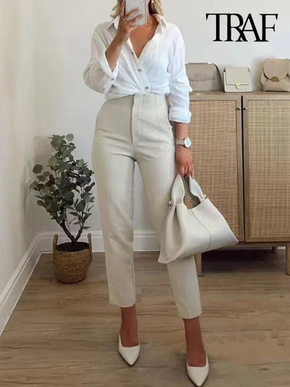 TRAF Women's Fashion Pants with Pockets: Casual Solid Ankle Trousers, Vintage High Waist Zipper Fly - Pantalones Mujer