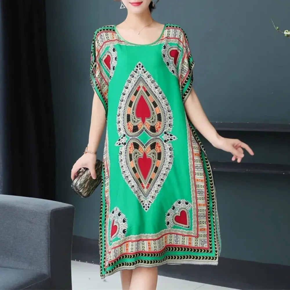 Women’s Bohemian Floral Tunic Dress - Retro Ethnic Print Batwing Sleeve Loose Summer Maternity Streetwear