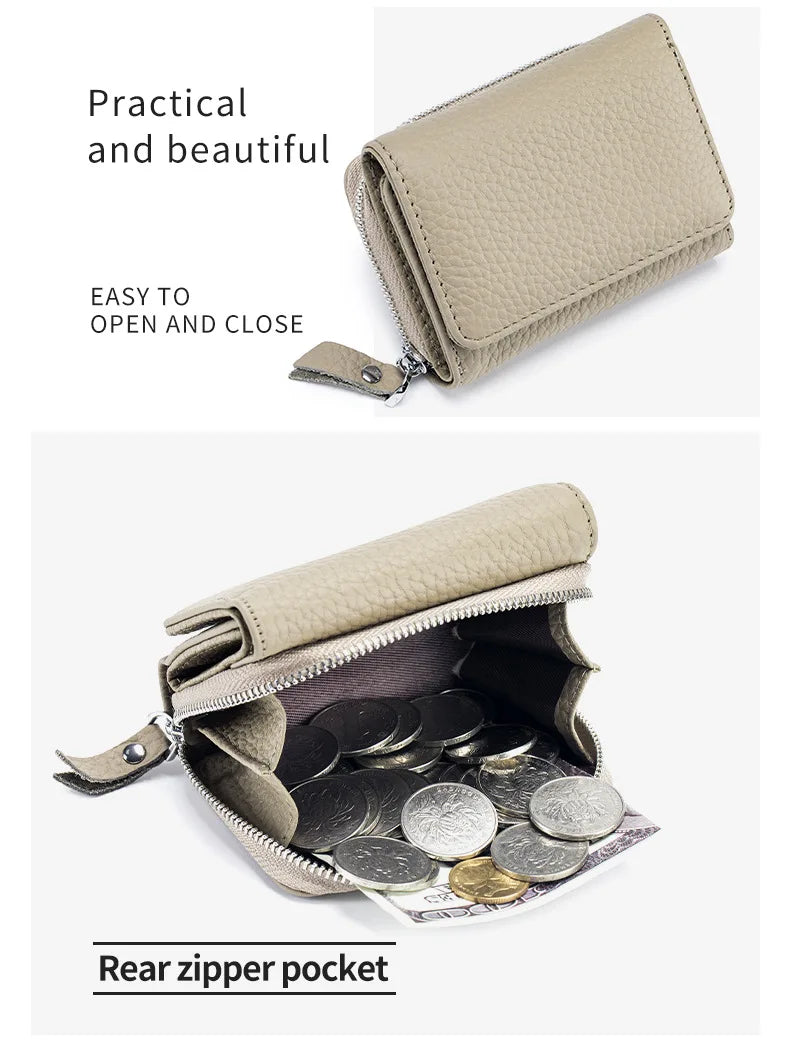 Genuine Leather Women’s Wallet — Small Zipper Coin Purse, Short Cowhide RFID Card & Money Holder, Perfect Gift for Women