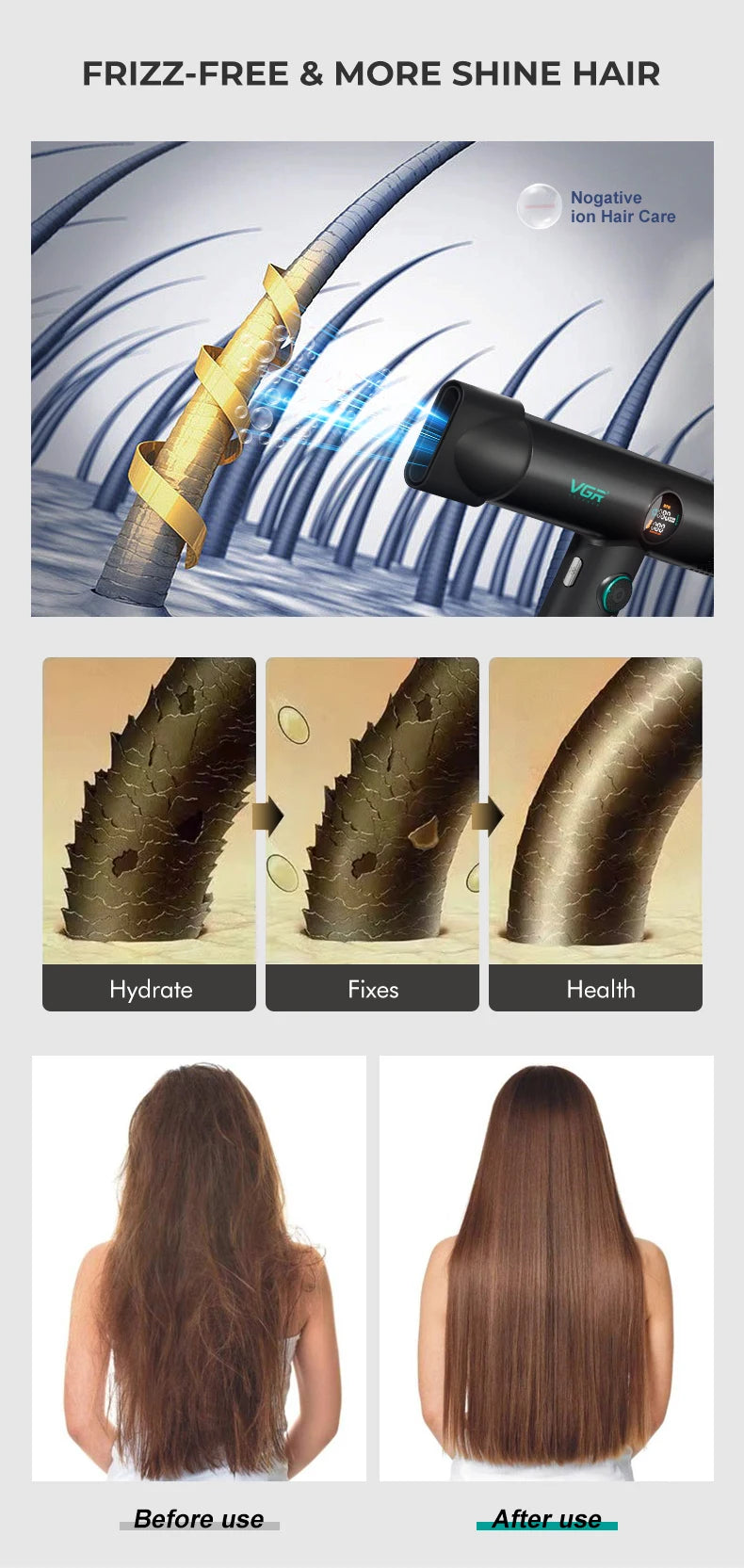VGR Professional Hair Dryer V-401 — Hot & Cold Adjustment with Brushless Motor 110000 RPM
