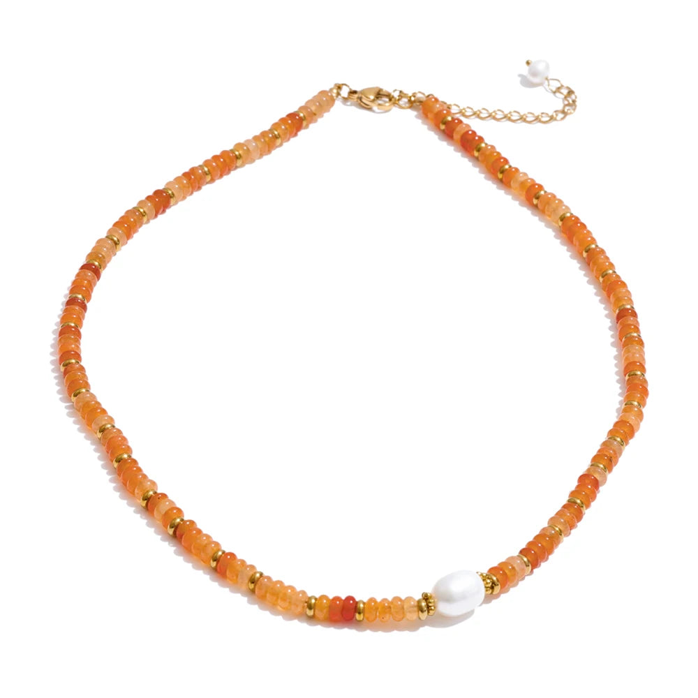 Yhpup Colorful Natural Stone Bead Necklace – Handmade Y2K Stainless Steel Waterproof Chain Jewelry for Women