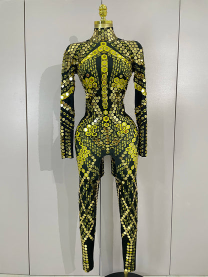 Sexy Shiny Silver Sequin & Black Spandex Jumpsuit — 2025 Women’s Prom, Dancer & Stage Performance Costume