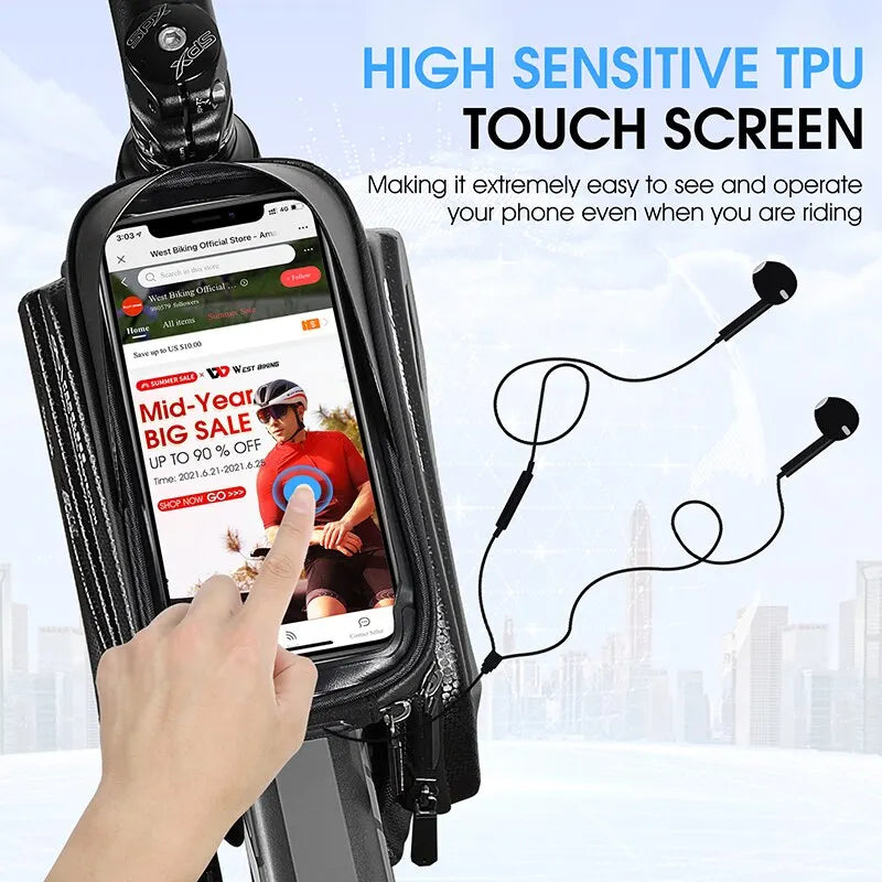 West Biking Waterproof Top Tube Phone Bag - 6.5 Inch Touch Screen Bike Frame Bag for MTB and Road Cycling