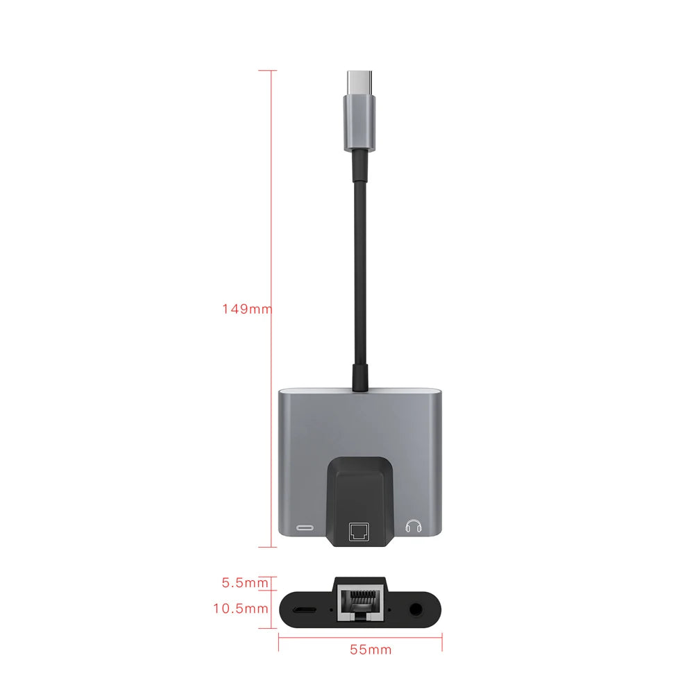 RGEEK USB-C to Ethernet Adapter Hub — Type-C to LAN, 3.5mm Audio & PD Charging Dock for iPhone & Android