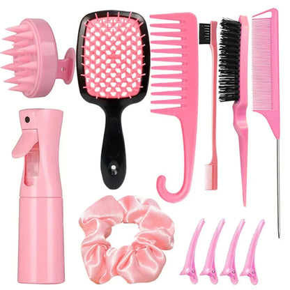 12PCS Hairstyling Comb Set – Tail Comb, Hair Spray Bottle, Loop Weaving Tool, Shampoo Brush & Salon Styling Tools