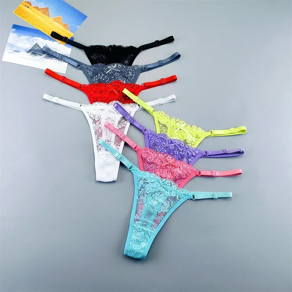Women's Transparent Lace Thong Set - 3PCS Adjustable Low Waist Sexy T-Back Underwear