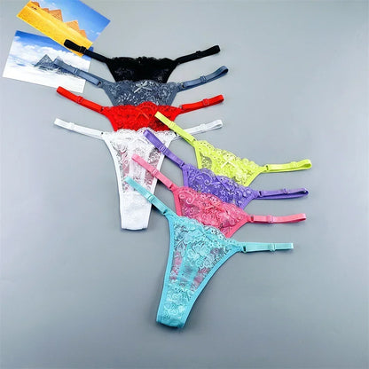 Women's Transparent Lace Thong Set - 3PCS Adjustable Low Waist Sexy T-Back Underwear