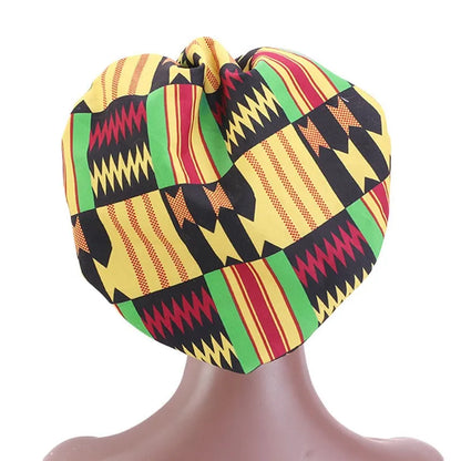 African Satin Lined Bonnet with Long Ribbon - Floral Ankara Print Head Wrap Turban Cap for Women
