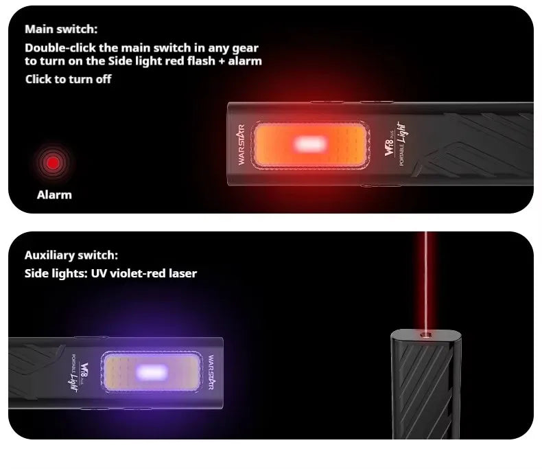 Warstar WT8 Dual-Light Flashlight – 800 Lumen Portable Work Light with Purple Light, Red Laser & Magnetic Clip