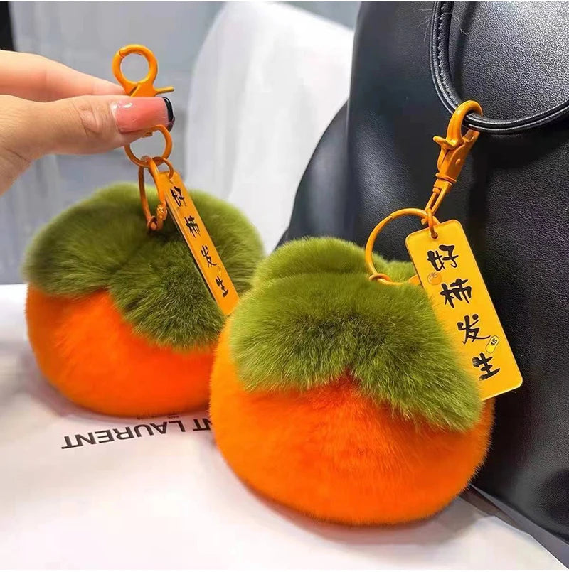 2024 Real Rabbit Fur Mini Persimmon Keychain – Cute Plush Rex Fur Pendant for Bags, Cars, and Gifts