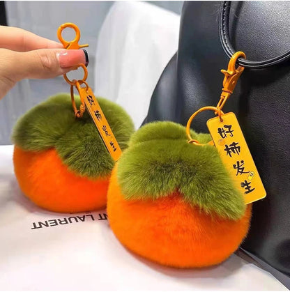 2024 Real Rabbit Fur Mini Persimmon Keychain – Cute Plush Rex Fur Pendant for Bags, Cars, and Gifts