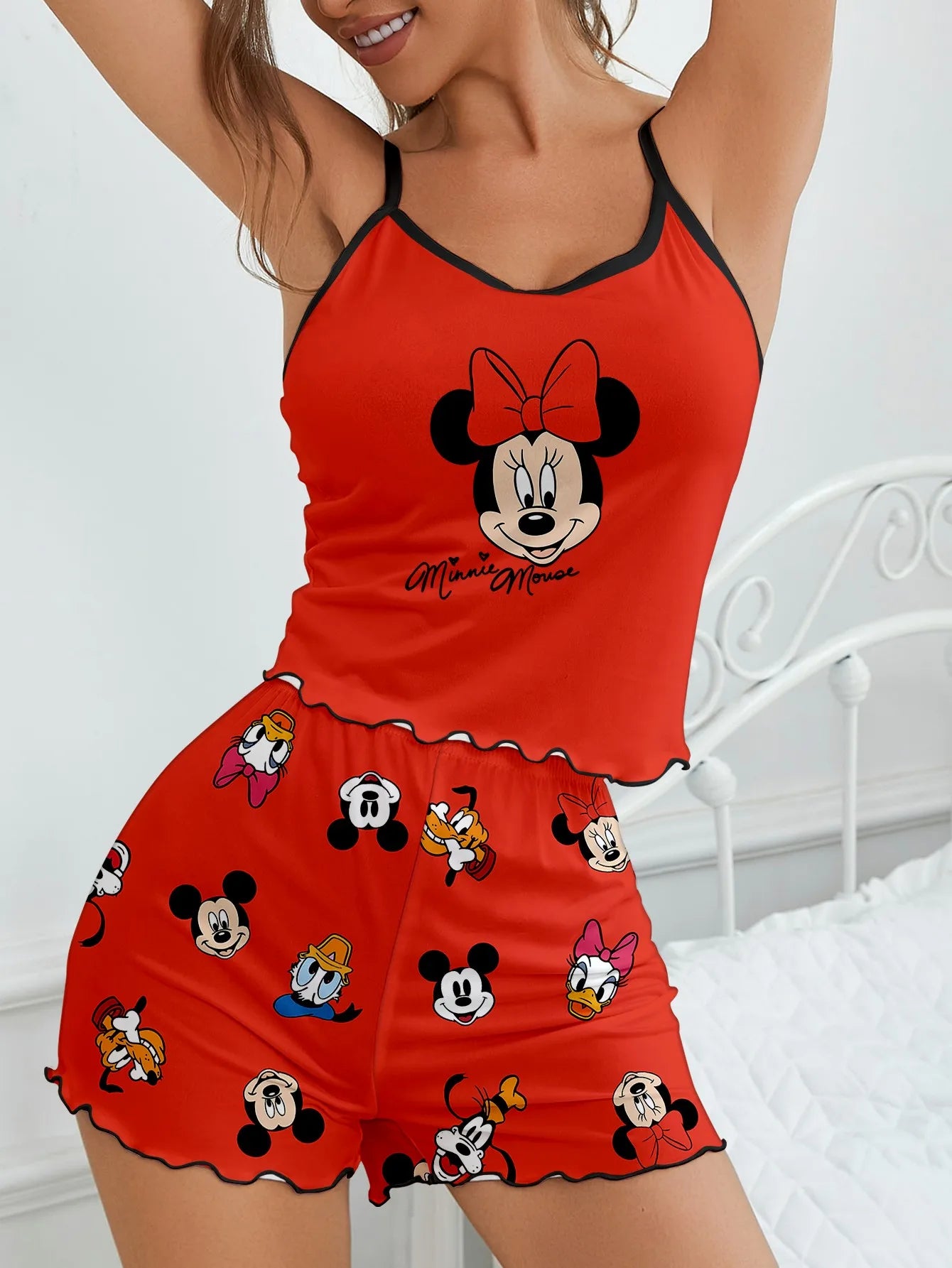 Women’s Disney Mickey & Minnie Pajama Set - Cute Cartoon Strap Top & Shorts Home Sleepwear
