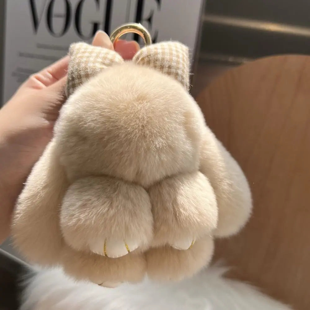 Cute Fluffy Bunny Fur Keychain – Plush Pom Pom Bag Charm and Car Key Ring with Hair Bow