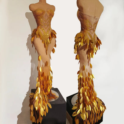 3D Gold Feather Rhinestone Split Dress - Evening Dance, Catwalk & Stage Performance Outfit