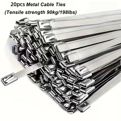 20-Pack 10-Inch Stainless Steel Zip Ties – Rustproof Heavy-Duty Cable Ties for Automotive, Machinery, and Outdoor Use