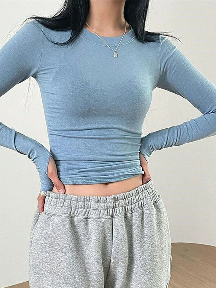 Women's Casual Slim Fit Long Sleeve T-Shirt – O-Neck Solid Color Thumb Hole Streetwear Top for Spring & Fall
