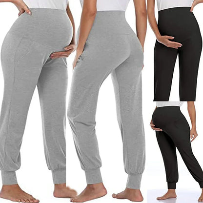 Spring Maternity Women’s Casual Pants – High Waist Stretch Lounge Trousers with Pockets, Solid Joggers for Pregnant Women