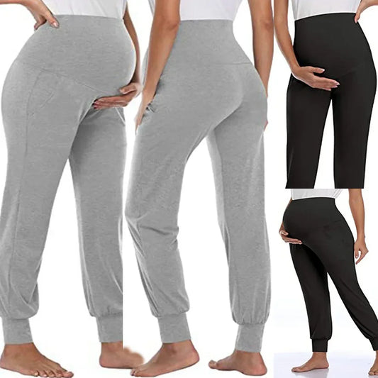 Spring Maternity Women’s Casual Pants – High Waist Stretch Lounge Trousers with Pockets, Solid Joggers for Pregnant Women