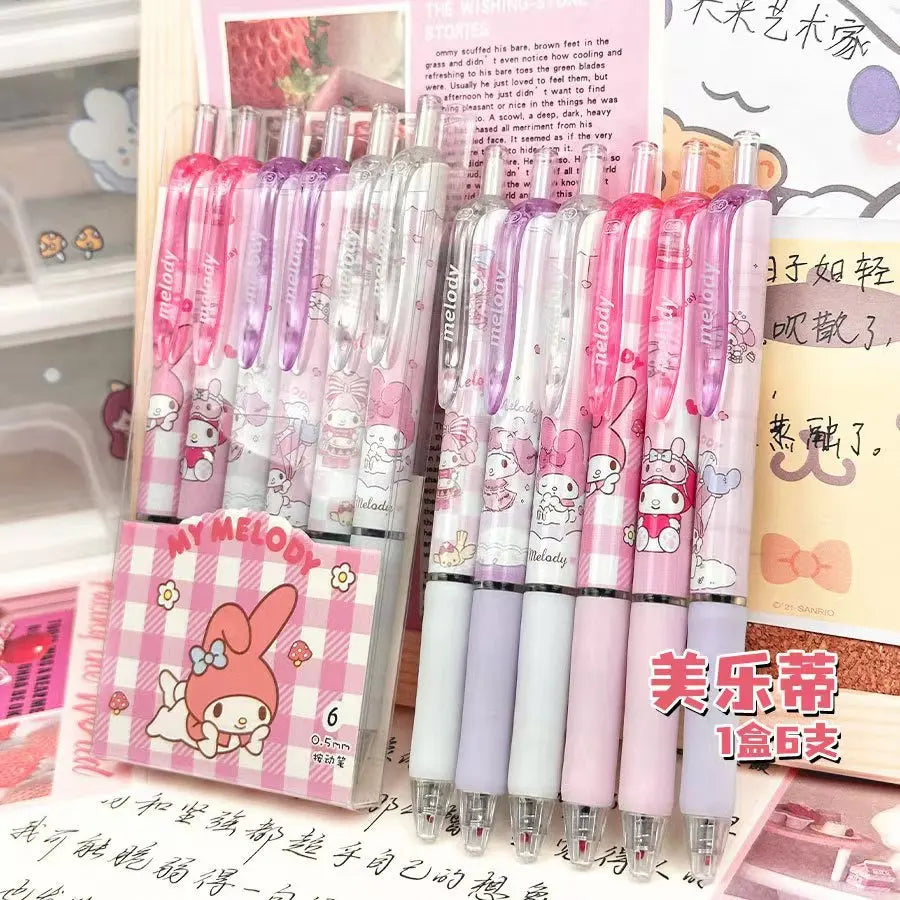 6PCS Cartoon Kuromi Gel Pens – Kawaii Hello Kitty, Cinnamoroll & Melody 0.5mm Quick-Drying School Stationery for Students