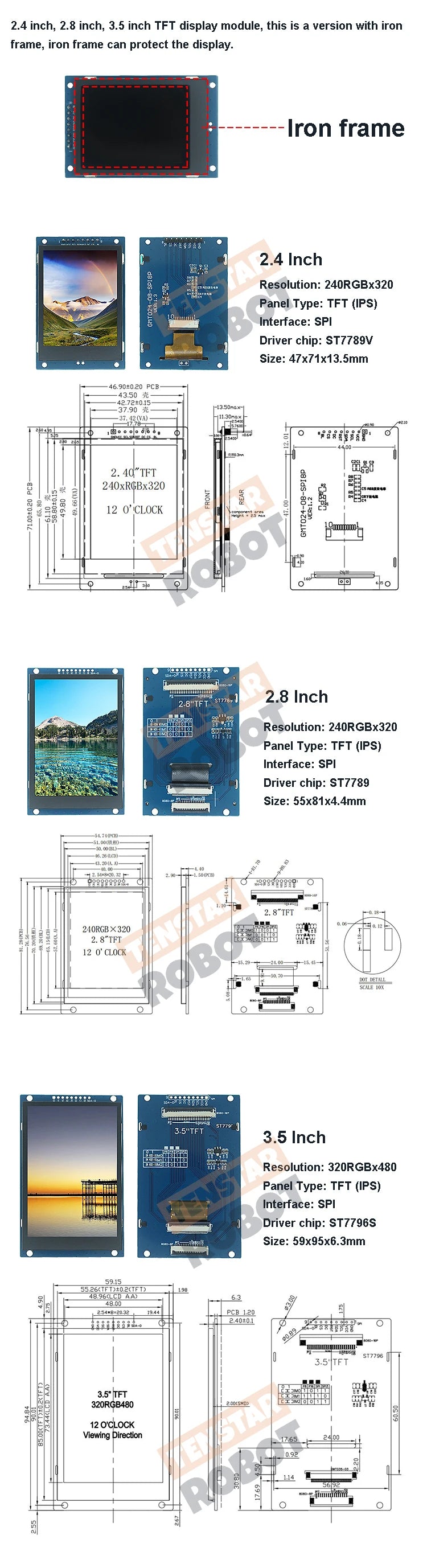 TENSTAR ROBO SPI TFT LCD Display Module – 2.4/2.8/3.5 Inch 240x320 & 320x480, 5V/3.3V PCB Adapter, ST7789V/ST7796S