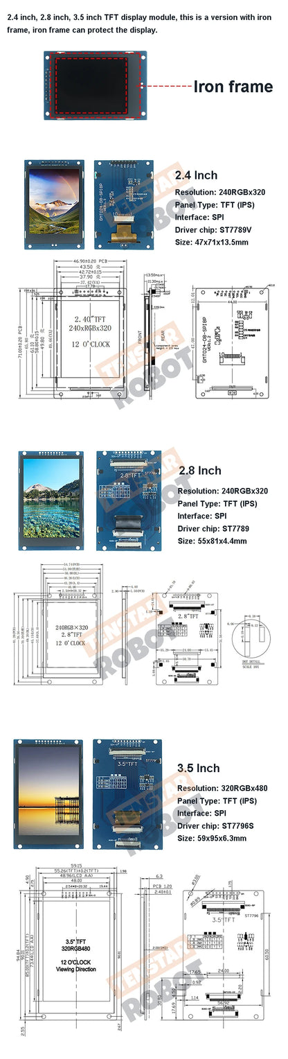 TENSTAR ROBO SPI TFT LCD Display Module – 2.4/2.8/3.5 Inch 240x320 & 320x480, 5V/3.3V PCB Adapter, ST7789V/ST7796S