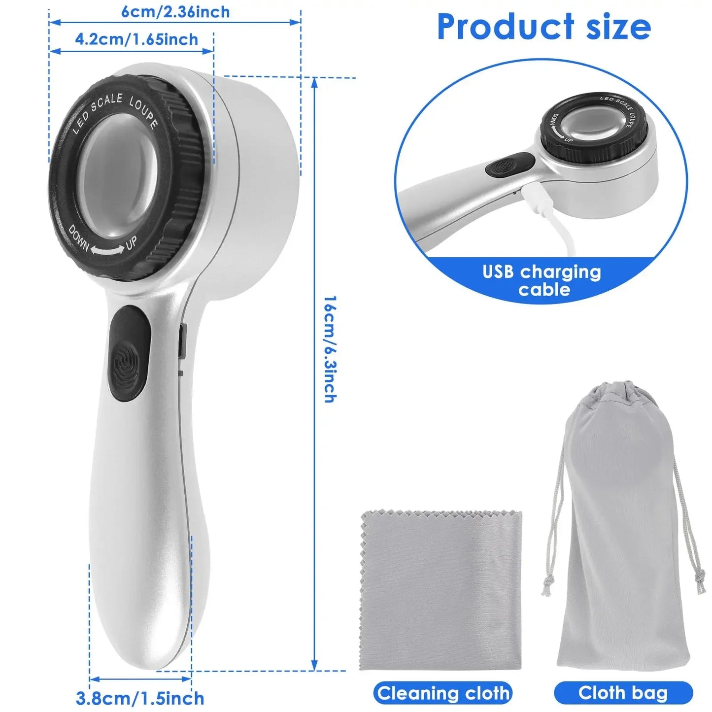 Rechargeable 30X Handheld Magnifying Glass – LED Illuminated Loupe with 4 Light Modes for Jewelry, Reading & Seniors