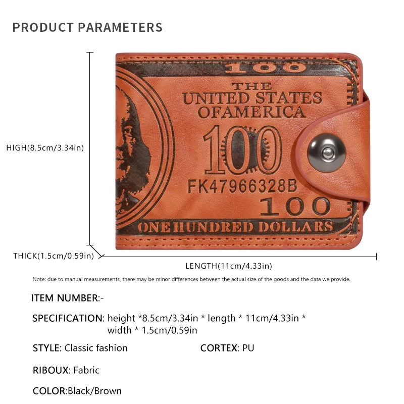 Men’s Leather Wallet with 100 Dollar Pattern — Large Capacity Card Holder Purse Bag