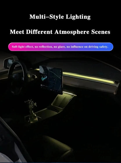 2-in-1 Dynamic Neon RGB Car LED Ambient Lighting – Auto OFF 60s Module for Tesla Model 3 & Y Dashboard Decoration