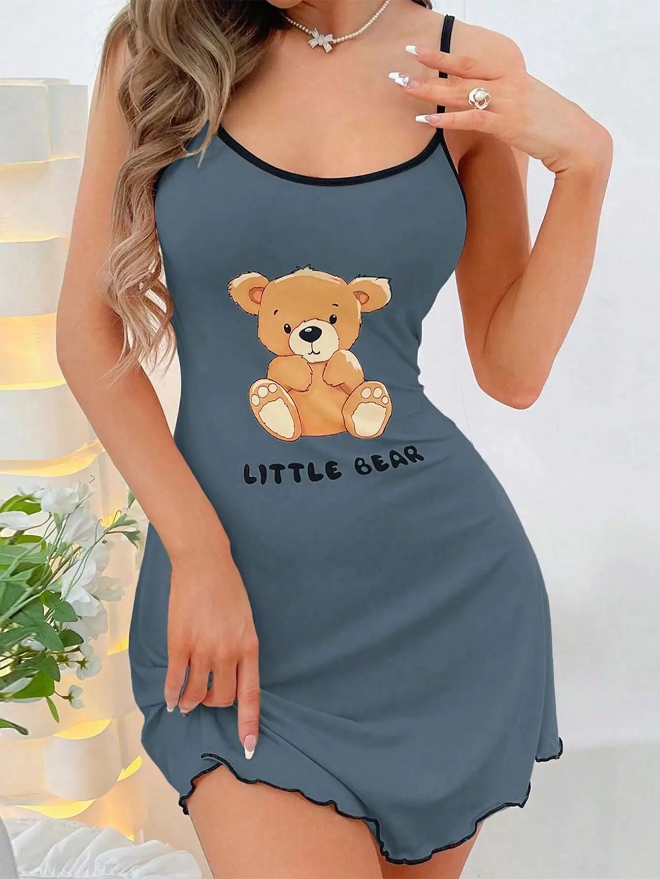 Women’s Little Bear Cami Nightgown - Cute Y2K Spaghetti Strap Mini Sleep Dress Loungewear