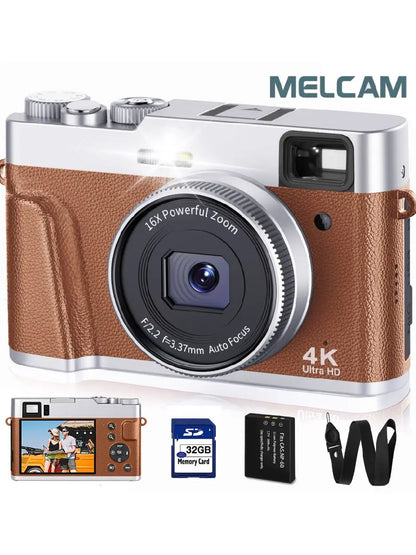 4K Digital Camera – 48MP Auto Focus Vlogging Camera for YouTube, Anti-Shake, Viewfinder, Flash & Dial (Brown)