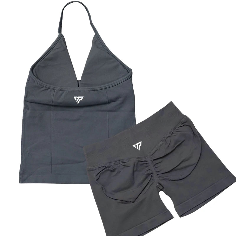 Women’s 2-Piece Yoga Set – Seamless Gym Outfit with Shorts & Lace-Up Sports Bra, High Quality Fitness Activewear Set