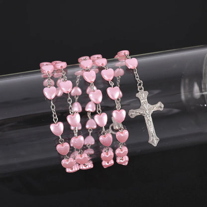 Pink & White Heart Rosary Necklace – Virgin Mary Cross Pendant Beaded Chain Religious Prayer Jewelry Gift for Men & Women