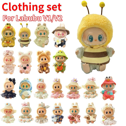 Labubu v1v2 Doll Clothes Outfit (15-17cm) – Sitting Party Bear Accessories with Scarf, Hat & Bag