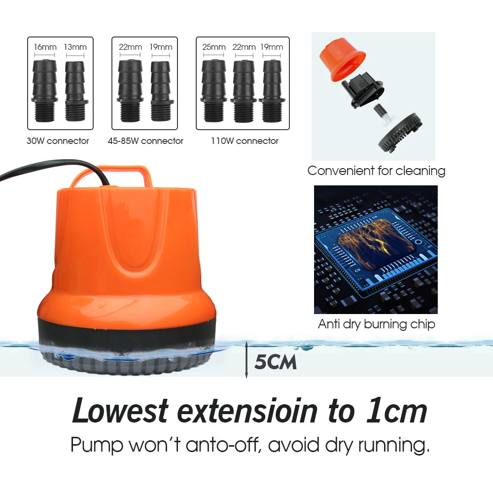 220V Submersible Water Pump - 30W–110W Bottom-Suction Silent Pump for Garden Water Features and Fish Tanks