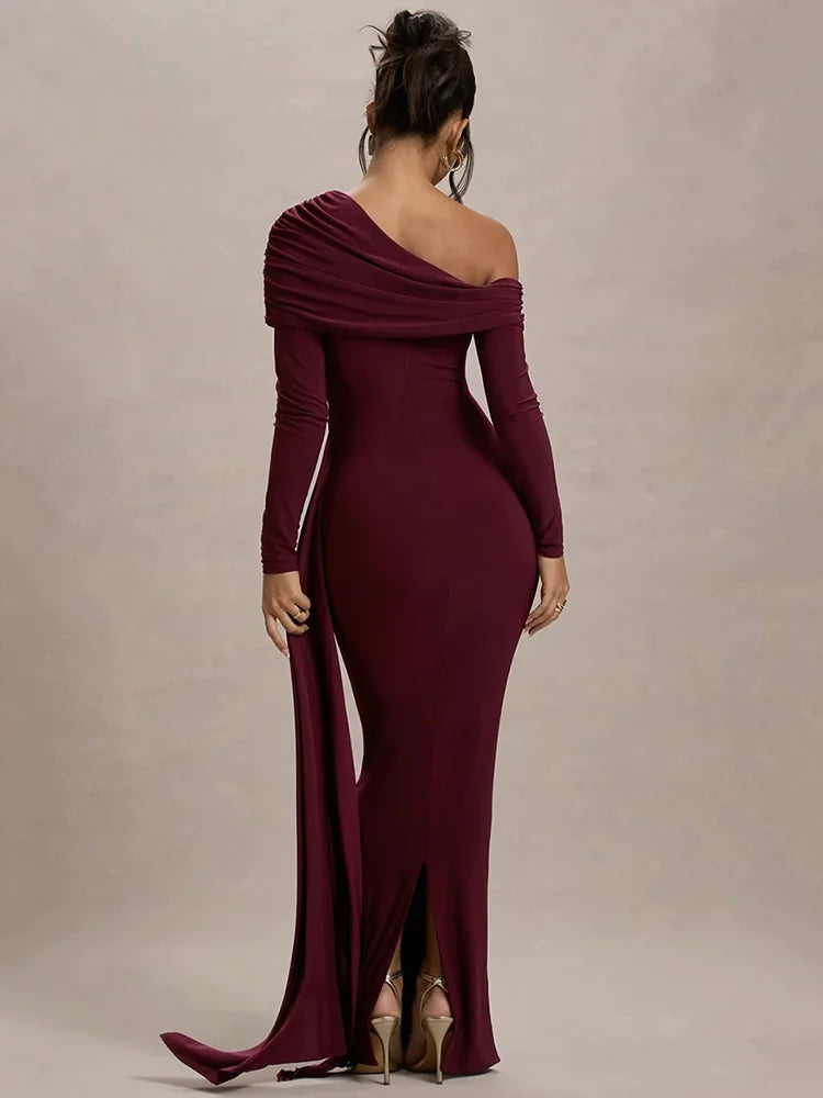 Mozision Women’s Long Sleeve Maxi Dress – Sexy Backless Draped Ruched Bodycon Gown, Skew Collar Elegant Club Dress