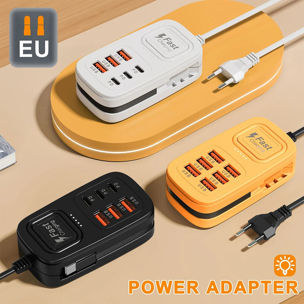 6-Port USB-C Charging Station – Fast-Charging Desktop Power Strip with 3 USB-C Ports, 3 USB-A Ports, and EU/UK/US Plug Options
