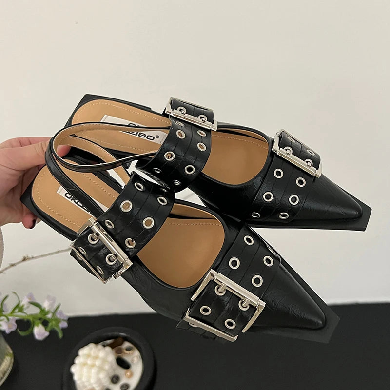 2025 Women’s Designer Flats – Luxury Buckle Slingback Sandals with Pointed Toe, Casual Mules for Ladies