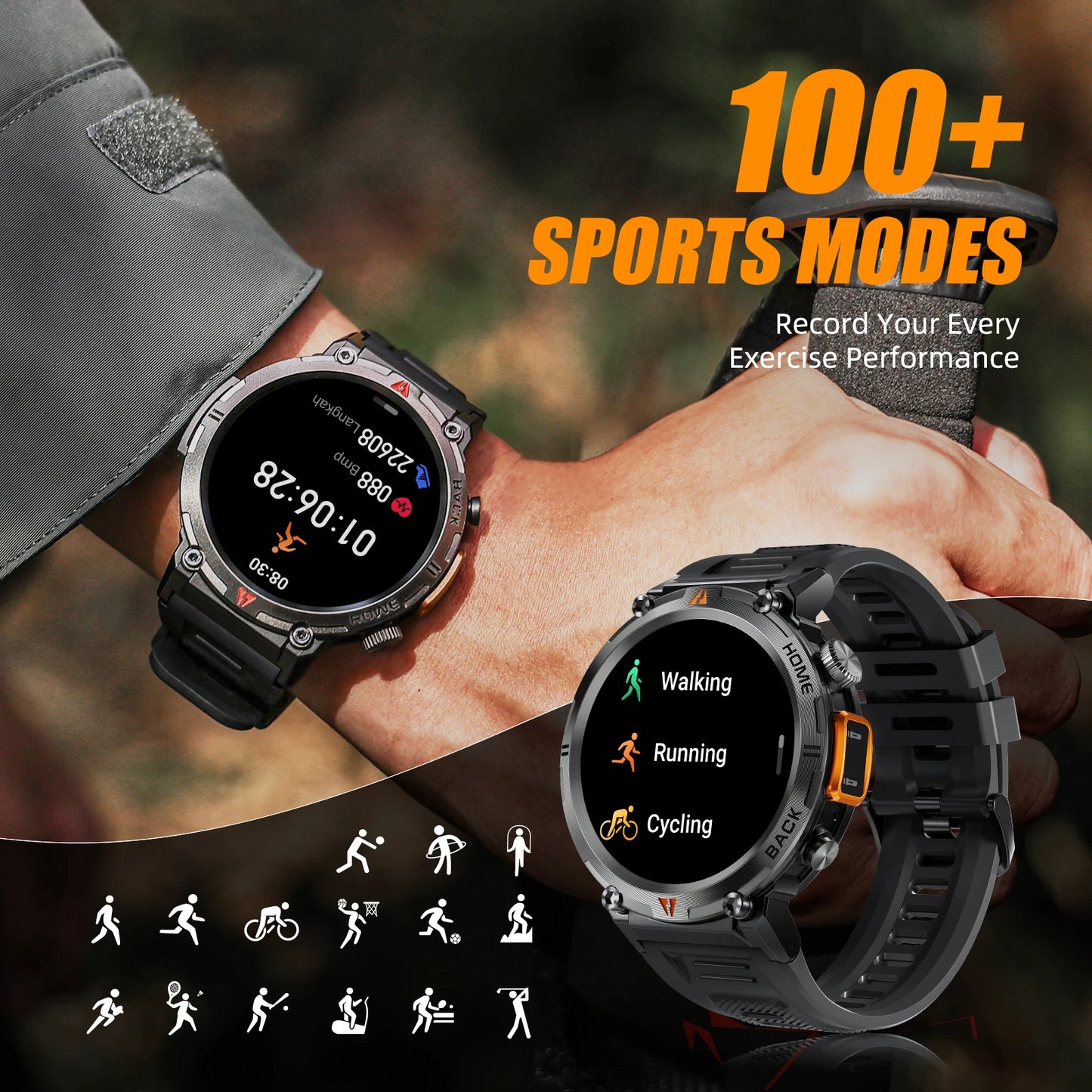 EIGIIS KE3 Smartwatch for Men – 3ATM Waterproof, Bluetooth Call, Health Monitor, Flashlight, 100+ Sports Modes