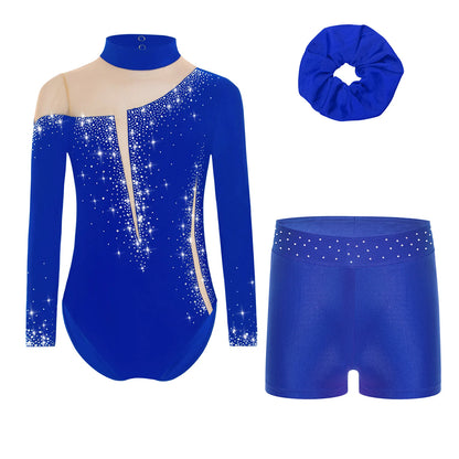 Kids Girls Long-Sleeve Ballet Leotard with Body Shorts & Hair Band — Gymnastics Dance Bodysuit