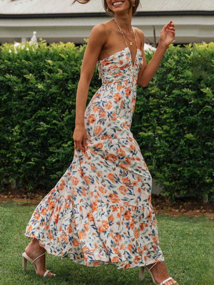 Floral Flow: Women's Summer Chiffon Halter Maxi Dress - Boho Backless Tiered Swing, Sleeveless V Neck, A Line, Long Beach Style