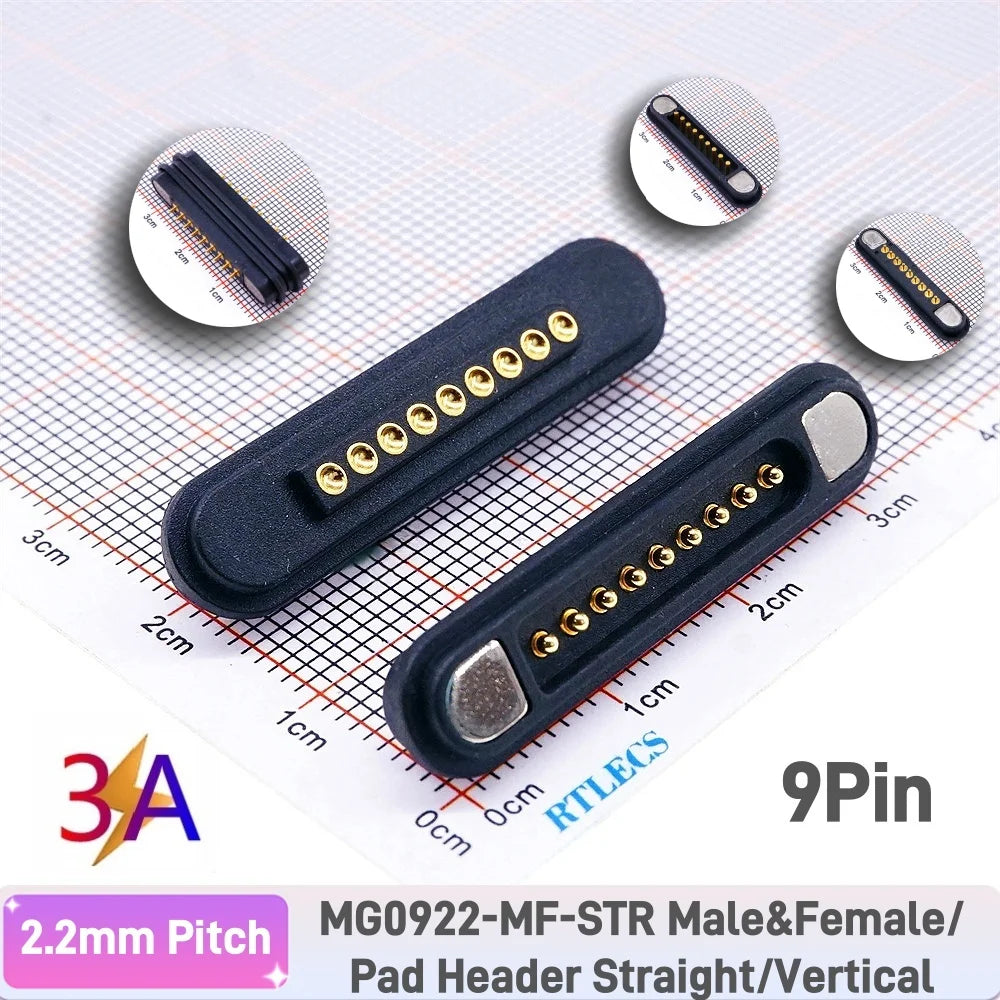 3A Magnetic Pogo Pin Connector - 2–11 Pin Spring-Loaded Male/Female Contact Strip, 2.2mm Pitch