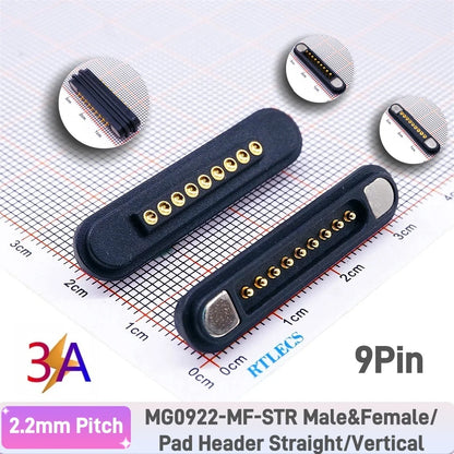 3A Magnetic Pogo Pin Connector - 2–11 Pin Spring-Loaded Male/Female Contact Strip, 2.2mm Pitch