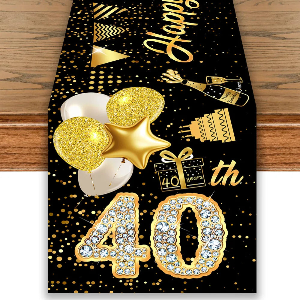 Black & Gold Birthday Table Runner – Polyester Diamond Number Crown Table Cloth for Party Centerpiece Decoration